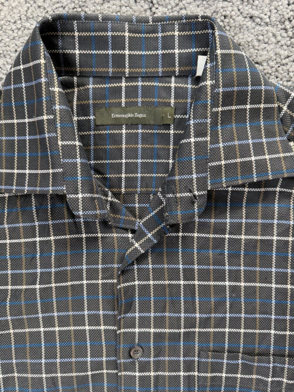 Ermenegildo Zegna Men L Charcoal Grey Plaid Windowpane 100% Cotton Shirt Luxury - Picture 4 of 13
